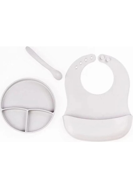 çınar ticaret gri 3’lü silikon yemek seti – önlük + diş kaşıyıcılı kaşık + vakumlu tabak