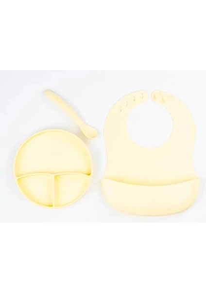 çınar ticaret sarı 3’lü silikon yemek seti – önlük + diş kaşıyıcılı kaşık + vakumlu tabak