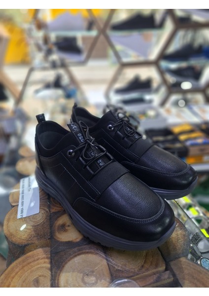 Siyah Deri Su Geçirmez Comfort Mevsimlik-Kışlık Lastik Bağcık Erkek Sneaker ayakkabı