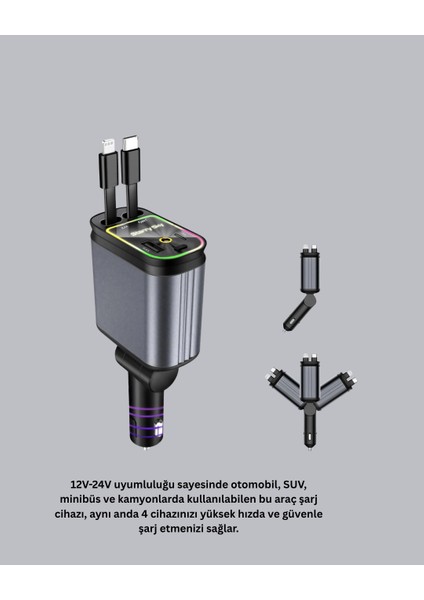 çınar ticaret araç şarj cihazı 66w 4 portlu hızlı şarj ve led ışıklı indirimleri