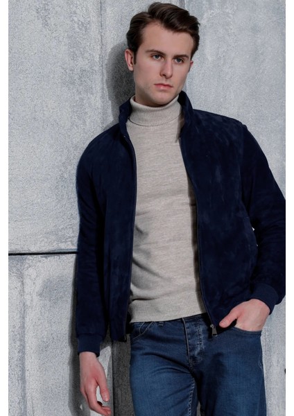 Kolej Hakiki Deri Lacivert Erkek Süet Ceket