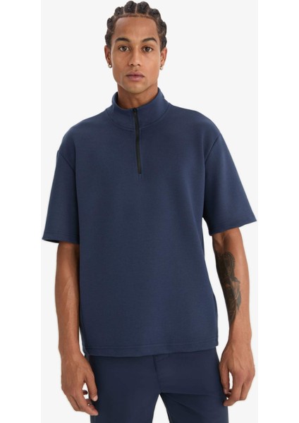 Standart Fit Dik Yaka Fermuarlı Sporcu Kısa Kollu Skuba Dalgıç Kumaş Tişört E3962AX25SP