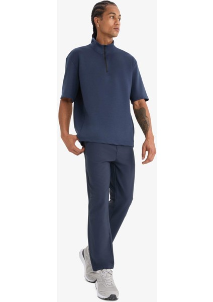 Standart Fit Dik Yaka Fermuarlı Sporcu Kısa Kollu Skuba Dalgıç Kumaş Tişört E3962AX25SP