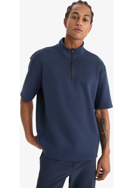 Standart Fit Dik Yaka Fermuarlı Sporcu Kısa Kollu Skuba Dalgıç Kumaş Tişört E3962AX25SP