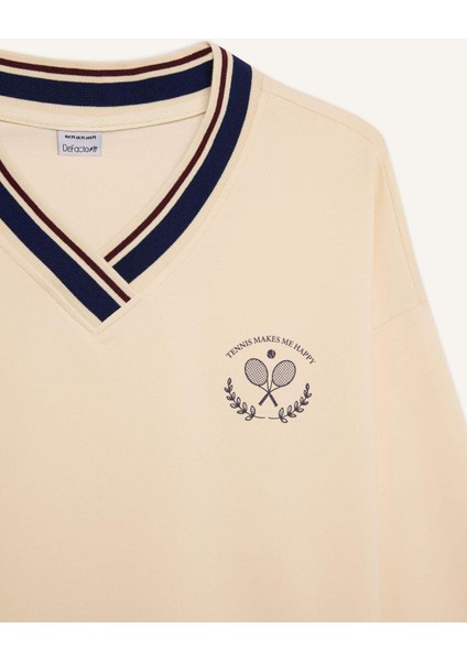 Oversize Geniş Kalıp V Yaka Baskılı Sporcu Sweatshirt D7135AX25SP