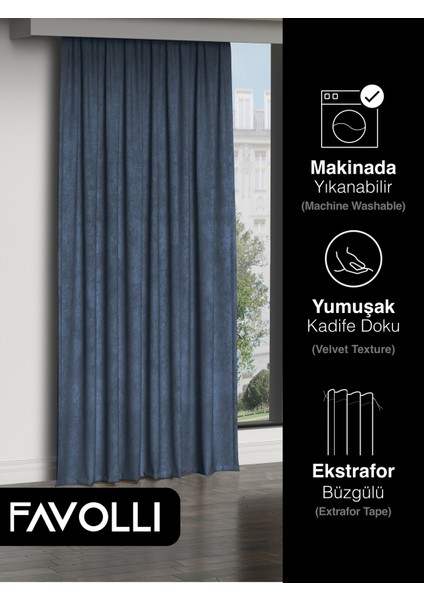 Kadife Dokulu Derin Mavi Ada Fon Perde Ekstrafor Büzgülü Dream Series