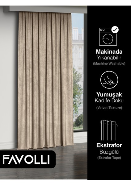 Kadife Dokulu Bej Ada Fon Perde Ekstrafor Büzgülü Dream Series