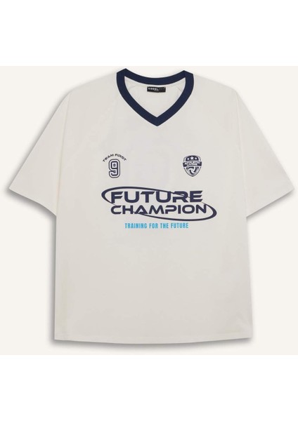 Coool Oversize Geniş Kalıp V Yaka Sırt Baskılı Kısa Kollu Tişört E4621AX25SM