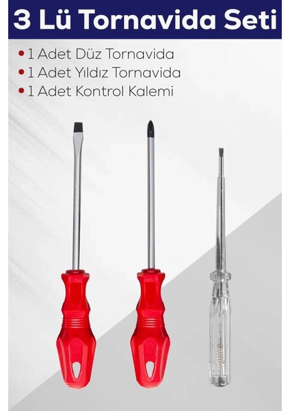 çınar ticaret 3'lü tornavida seti (düz tornavida + yıldız tornavida + kontrol kalemi)