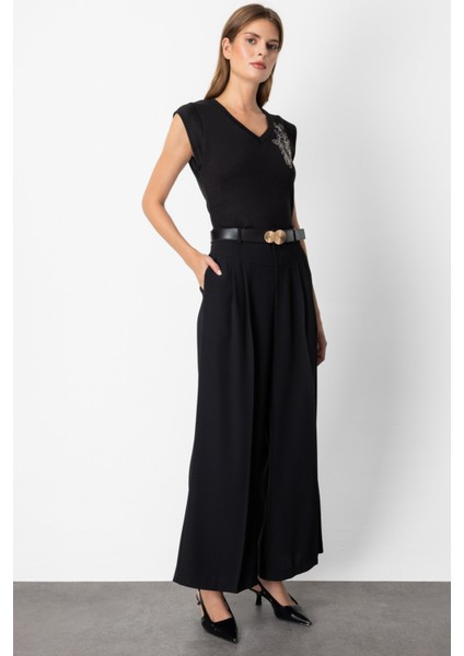 Kadın Beli Kemerli Pileli Pantolon 64121 Siyah