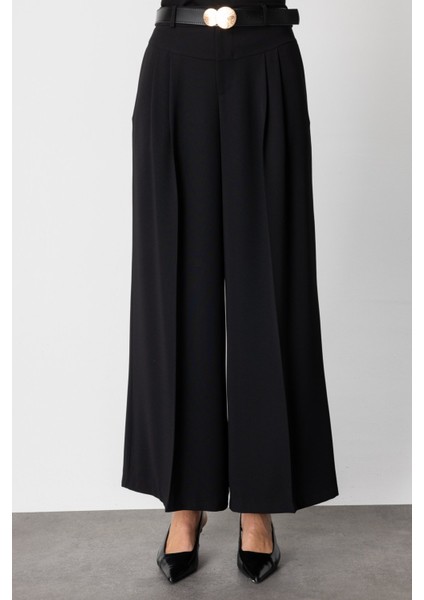 Kadın Beli Kemerli Pileli Pantolon 64121 Siyah modelleri