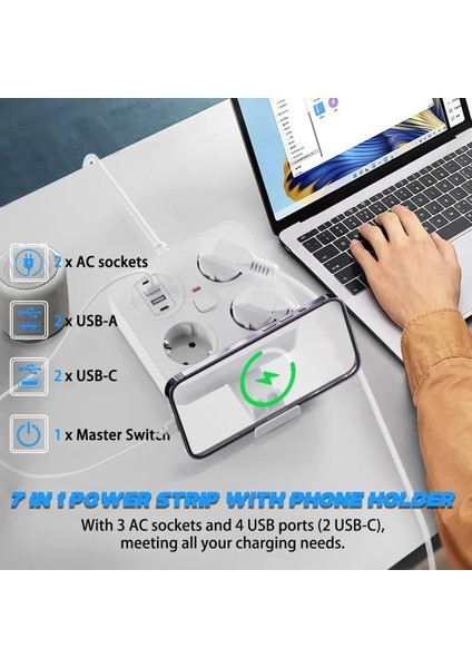 çınar ticaret akım korumalı anahtarlı priz - 3x priz - 2x usb - 2x type-c - 2 mt kablo hızlı şarj özellikli siyah indirimleri