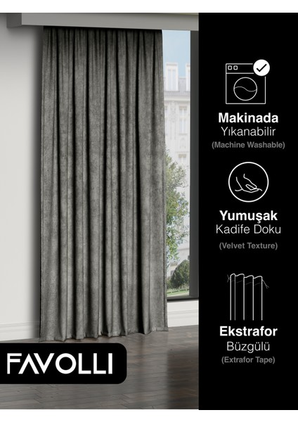 Kadife Dokulu Gri Ada Fon Perde Ekstrafor Büzgülü Dream Series