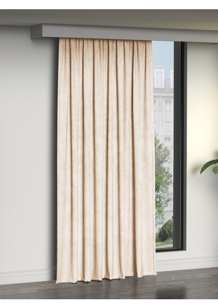 Kadife Dokulu Ekru Ada Fon Perde Ekstrafor Büzgülü Dream Series