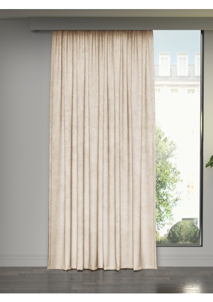 Kadife Dokulu Ekru Ada Fon Perde Ekstrafor Büzgülü Dream Series