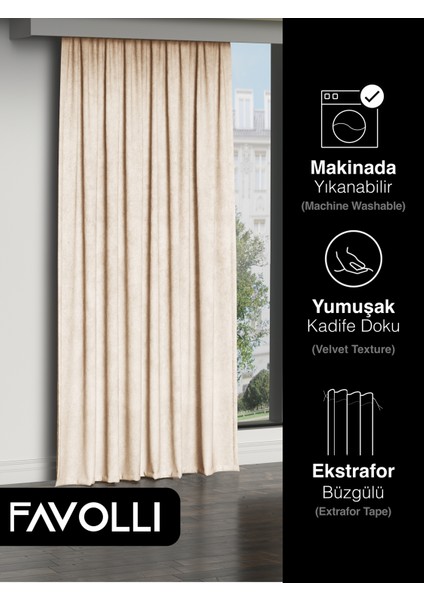 Kadife Dokulu Ekru Ada Fon Perde Ekstrafor Büzgülü Dream Series
