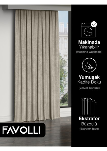 Kadife Dokulu Keten Rengi Ada Fon Perde Ekstrafor Büzgülü Dream Series