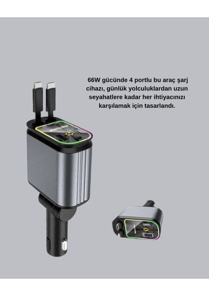 çınar ticaret araç şarj cihazı 4 portlu 66w hızlı şarjlı led ışıklı ve 180° dönebilir fiyatları