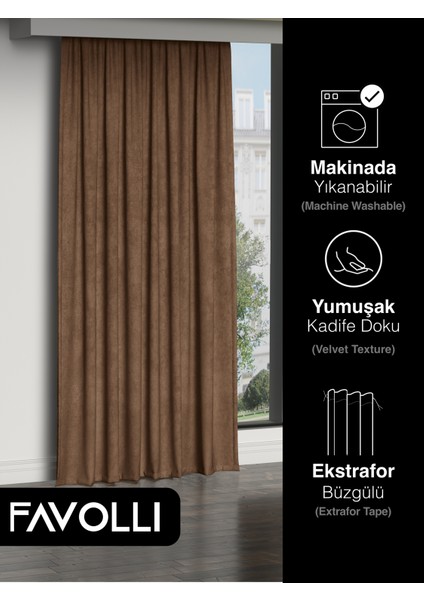 Kadife Dokulu Kahverengi Ada Fon Perde Ekstrafor Büzgülü Dream Series