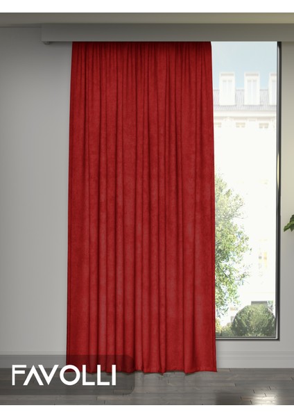 Kadife Dokulu Kırmızı Ada Fon Perde Ekstrafor Büzgülü Dream Series