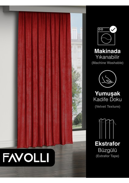 Kadife Dokulu Kırmızı Ada Fon Perde Ekstrafor Büzgülü Dream Series