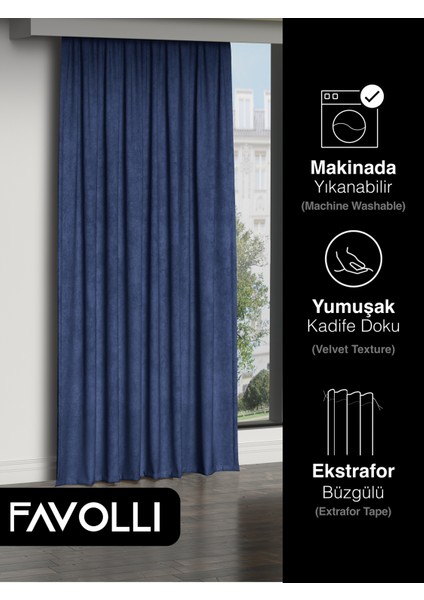 Kadife Dokulu Safir Rengi Ada Fon Perde Ekstrafor Büzgülü Dream Series