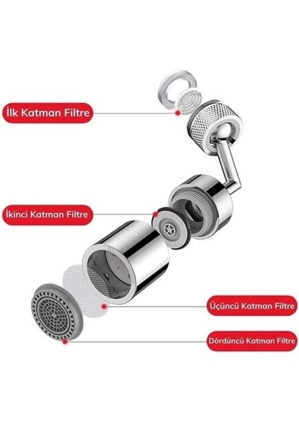 çınar ticaret 720 derece dönebilen 4 filtreli tüm musluk tipleri ıle uyumlu montaj aparatlı musluk başlık