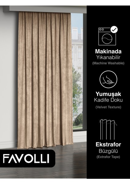 Kadife Dokulu Sahra Beji Ada Fon Perde Ekstrafor Büzgülü Dream Series