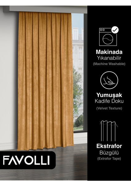 Kadife Dokulu Safran Rengi Ada Fon Perde Ekstrafor Büzgülü Dream Series