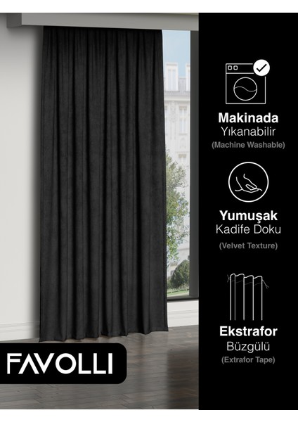 Kadife Dokulu Siyah Ada Fon Perde Ekstrafor Büzgülü Dream Series