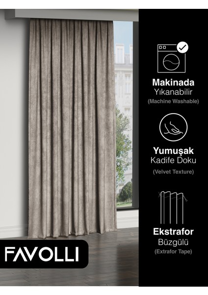 Kadife Dokulu Taş Rengi Ada Fon Perde Ekstrafor Büzgülü Dream Series