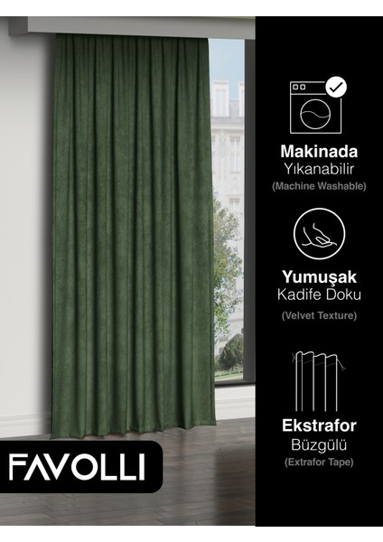 Kadife Dokulu Zeytin Yaprağı Rengi Ada Fon Perde Ekstrafor Büzgülü Dream Series