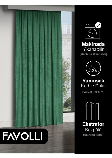 Kadife Dokulu Zümrüt Rengi Ada Fon Perde Ekstrafor Büzgülü Dream Series