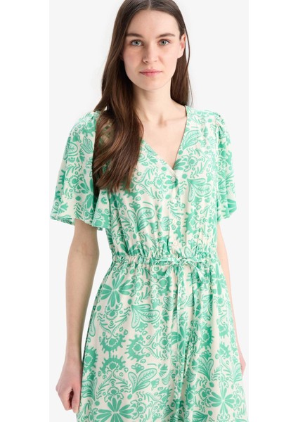 V Yaka Çiçek Desenli Bağcıklı Kısa Kollu Midi Yazlık Elbise