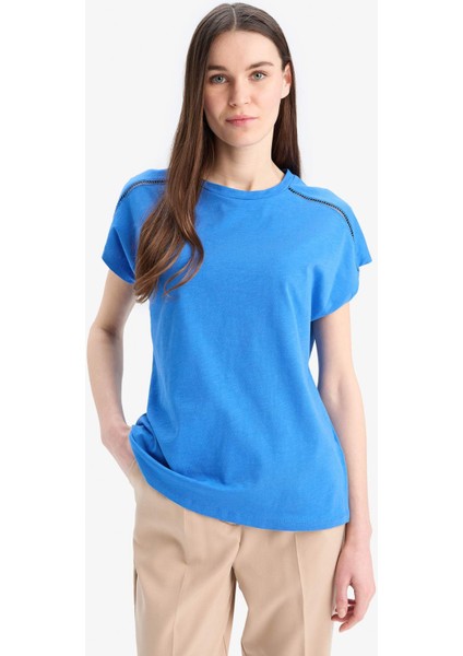 Bisiklet Yaka Flamlı Pamuk Kısa Kollu Tişört E4367AX25SM