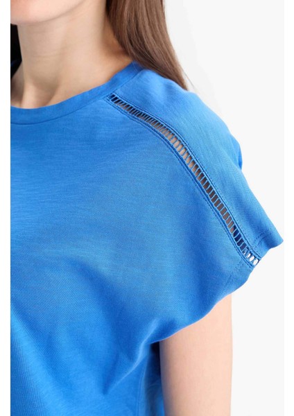 Bisiklet Yaka Flamlı Pamuk Kısa Kollu Tişört E4367AX25SM