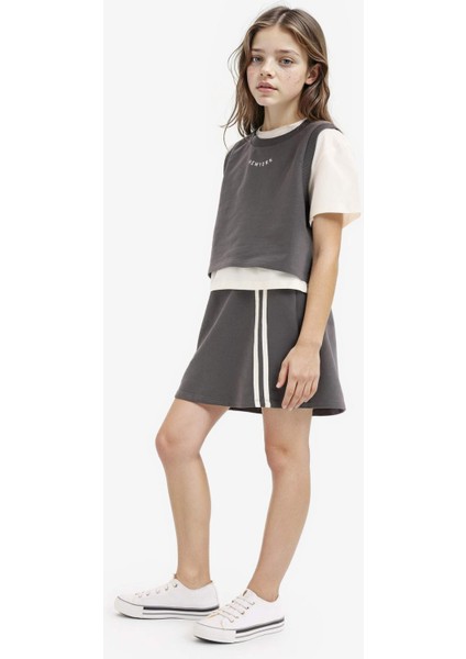 Kız Çocuk 3'lü Takım Kısa Kollu Tişört Baskılı Kolsuz Üst Beli Lastikli Etek E1867A825SM