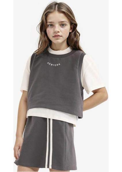 Kız Çocuk 3'lü Takım Kısa Kollu Tişört Baskılı Kolsuz Üst Beli Lastikli Etek E1867A825SM