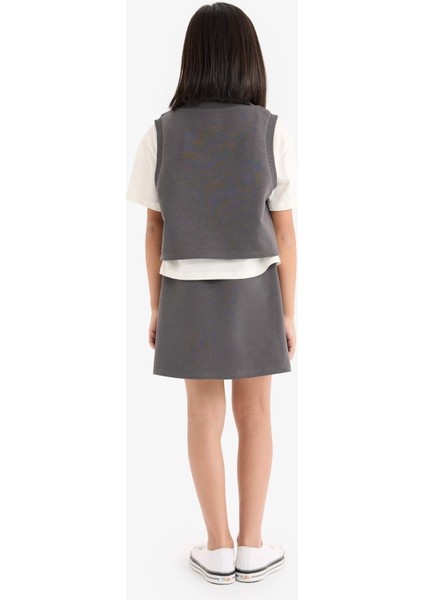 Kız Çocuk 3'lü Takım Kısa Kollu Tişört Baskılı Kolsuz Üst Beli Lastikli Etek E1867A825SM