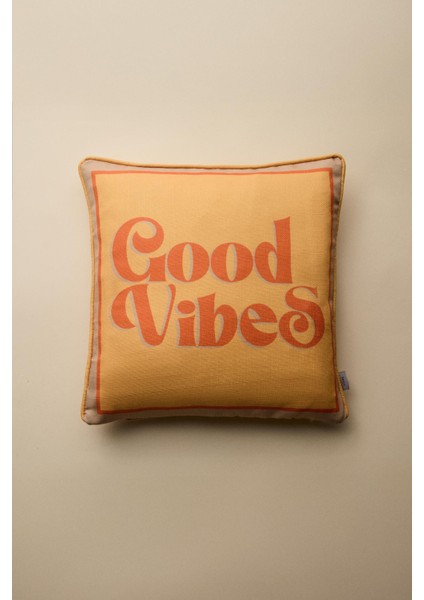 Good Vibes Baskılı Biye Detaylı Kırlent Kılıfı