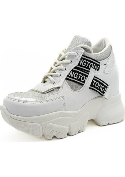 Beyaz Renk Gümüş Simli Cilt Gizli Dolgu Topuk 36-40 Numara Kadın Sneakers