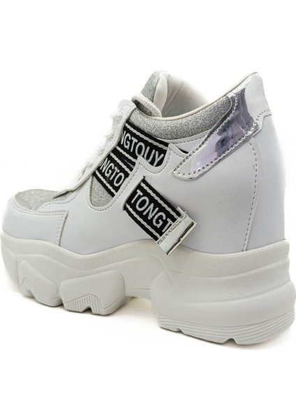 Beyaz Renk Gümüş Simli Cilt Gizli Dolgu Topuk 36-40 Numara Kadın Sneakers modelleri