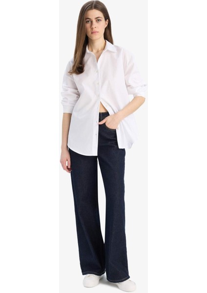 Oversize Geniş Kalıp Basic Düz Poplin Uzun Kollu Gömlek T8735AZ25SP