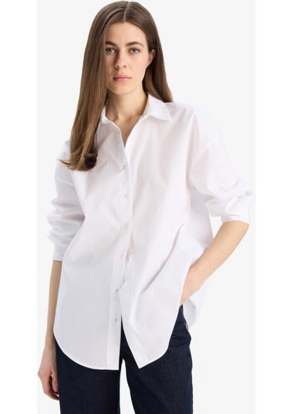 Oversize Geniş Kalıp Basic Düz Poplin Uzun Kollu Gömlek T8735AZ25SP