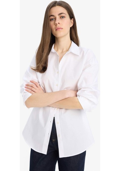 Oversize Geniş Kalıp Basic Düz Poplin Uzun Kollu Gömlek T8735AZ25SP