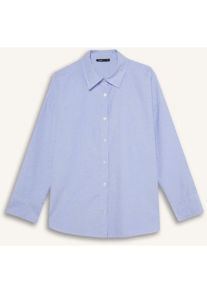Oversize Geniş Kalıp Çizgili Oxford Uzun Kollu Gömlek D4512AX25SP