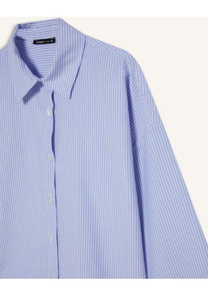 Oversize Geniş Kalıp Çizgili Oxford Uzun Kollu Gömlek D4512AX25SP