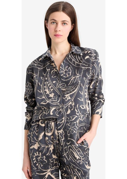 Oversize Geniş Kalıp Desenli Uzun Kollu Gömlek