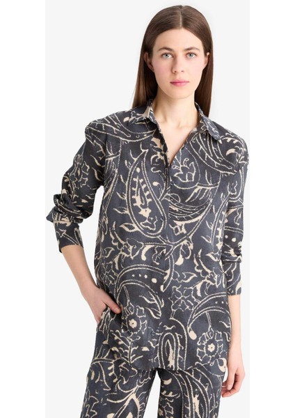 Oversize Geniş Kalıp Desenli Uzun Kollu Gömlek