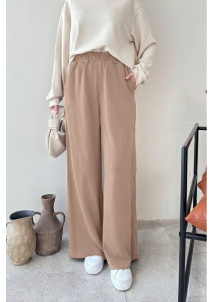 Mono Yanları Düğmeli Oysho Tesettür Pantolon- Bej